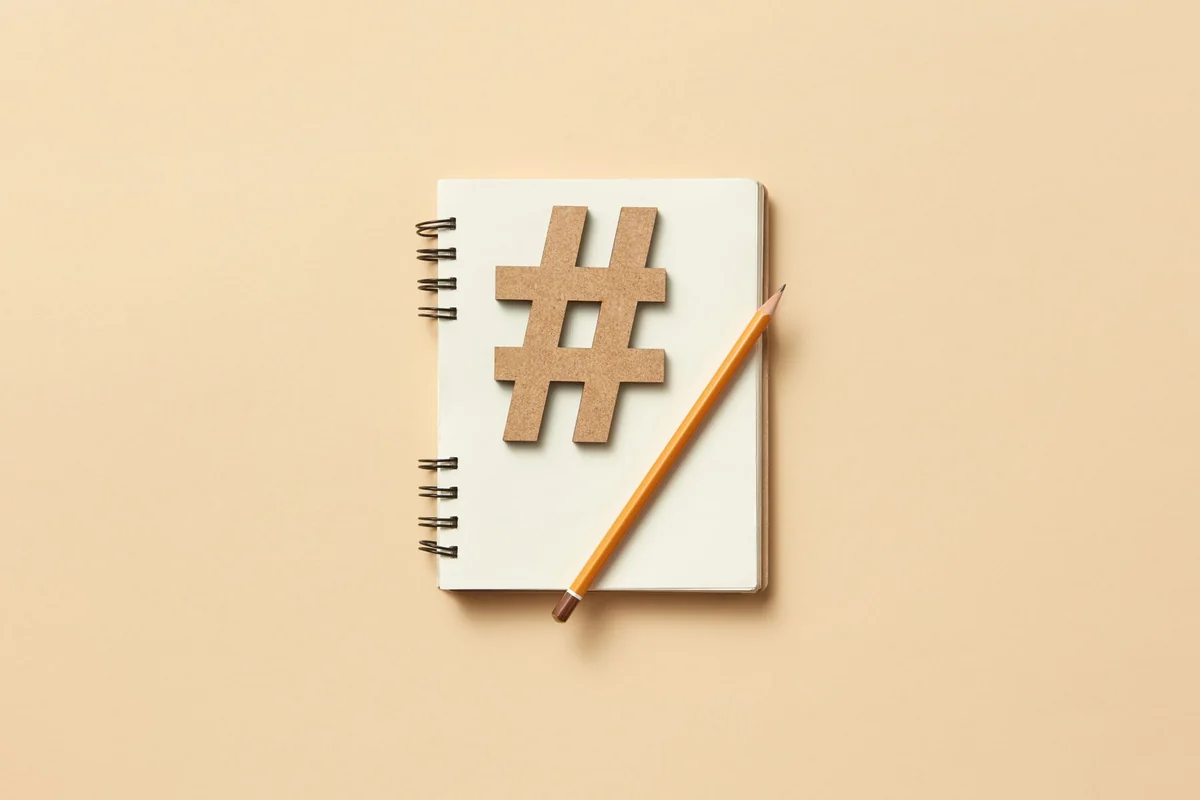 Minimalist flat lay featuring a notebook, hashtag symbol, and pencil on beige ba